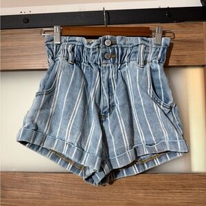 PacSun Light Blue Striped High-Waist Paperbag Shorts